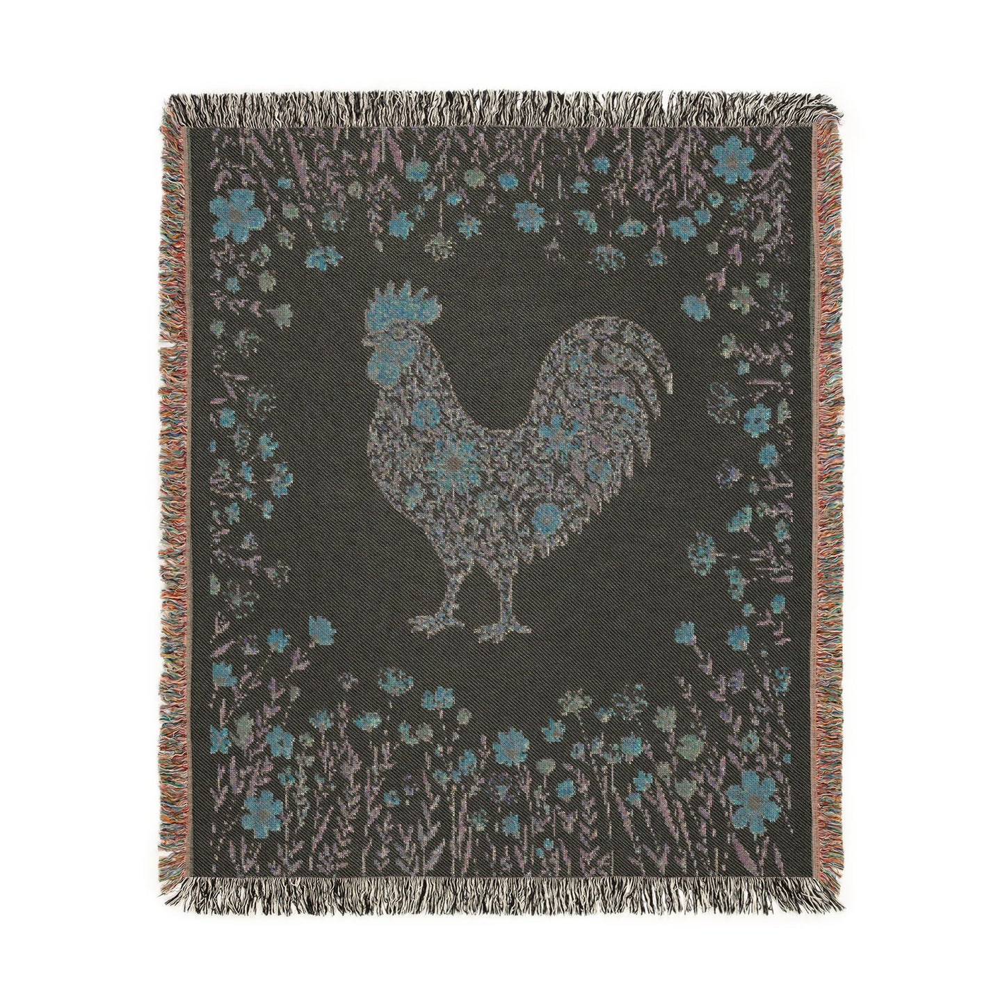 Floral Rooster Woven Throw Blanket — Farmhouse Floral Jacquard