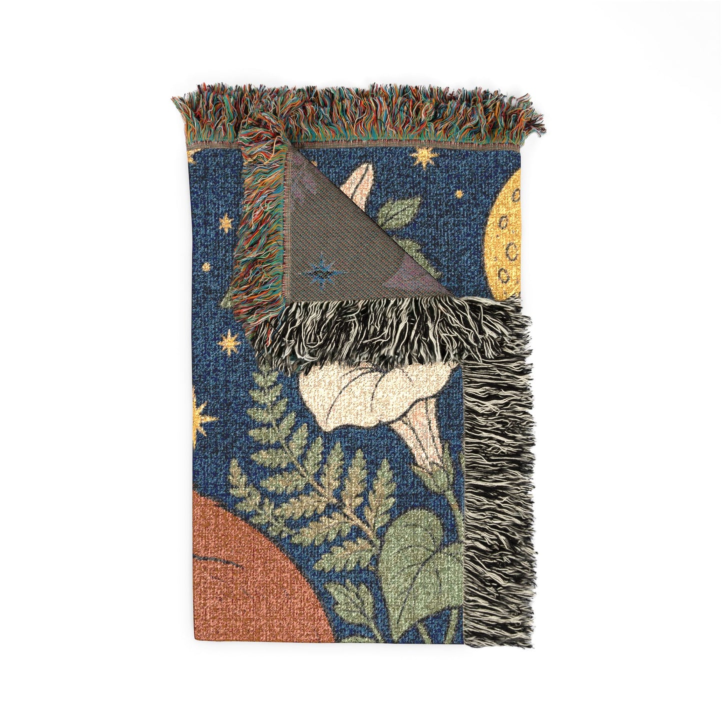 Moonlit 2 Sleeping Fox Woven Blanket — Celestial Floral Throw for Cozy Nights