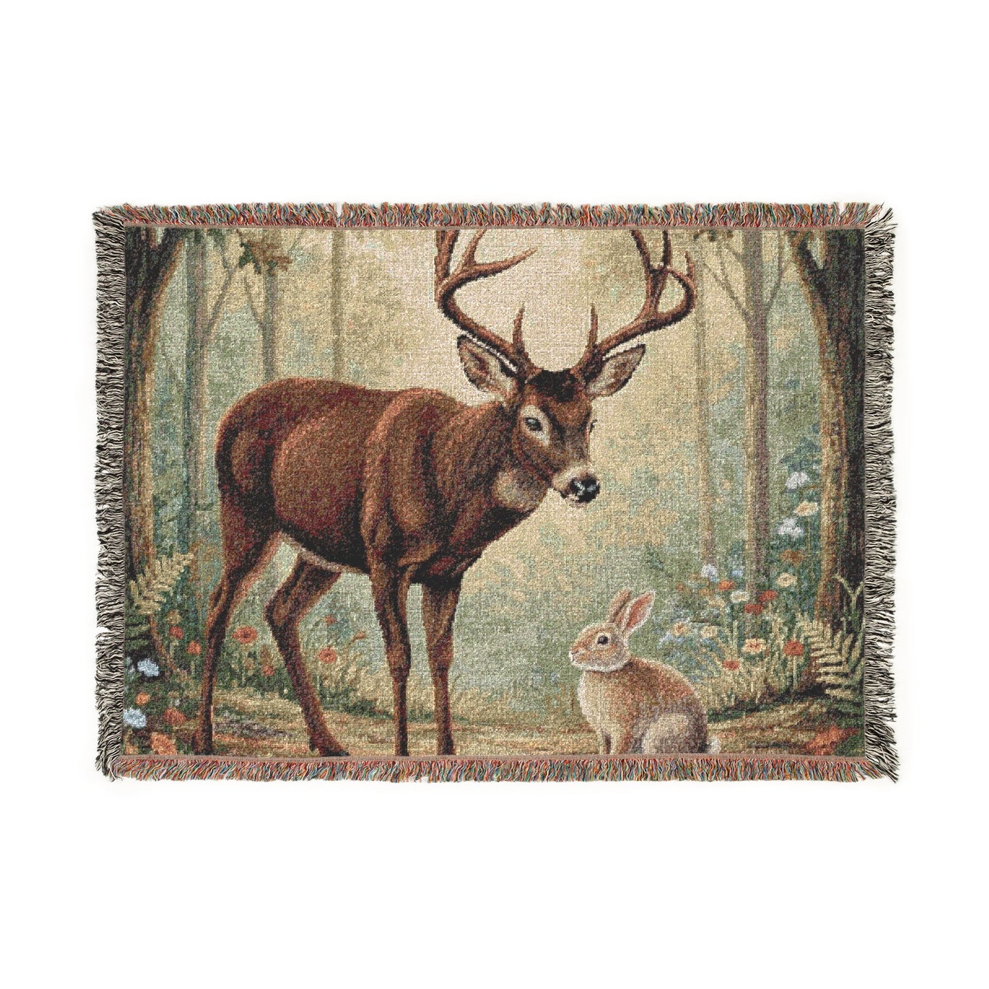 Deer & Hare Woven Throw Blanket — Woodland Tapestry Cabin Decor