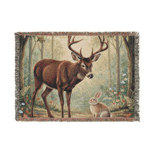 Deer & Hare Woven Throw Blanket — Woodland Tapestry Cabin Decor