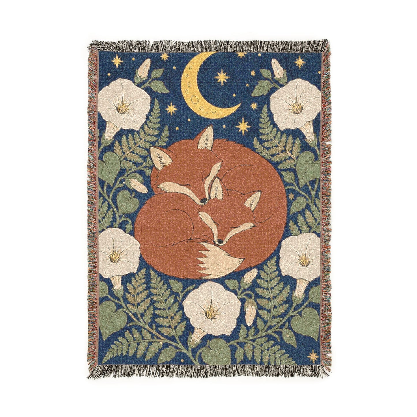 Moonlit  2 Sleeping Fox Woven Blanket — Celestial Floral Throw for Cozy Nights