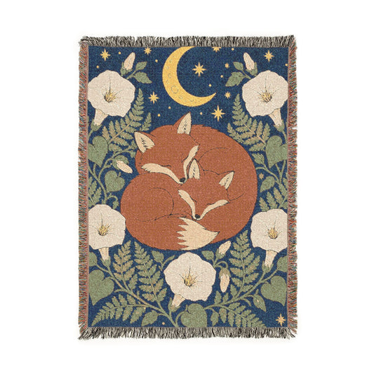 Moonlit  2 Sleeping Fox Woven Blanket — Celestial Floral Throw for Cozy Nights