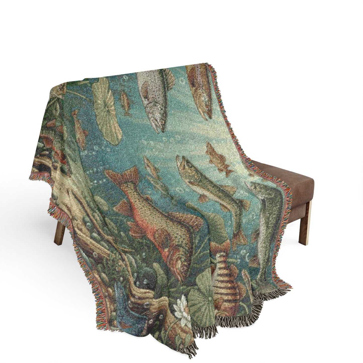 Cold Water Fish Tapestry Woven Blanket – Underwater Trout & Bass Aquatic Throw