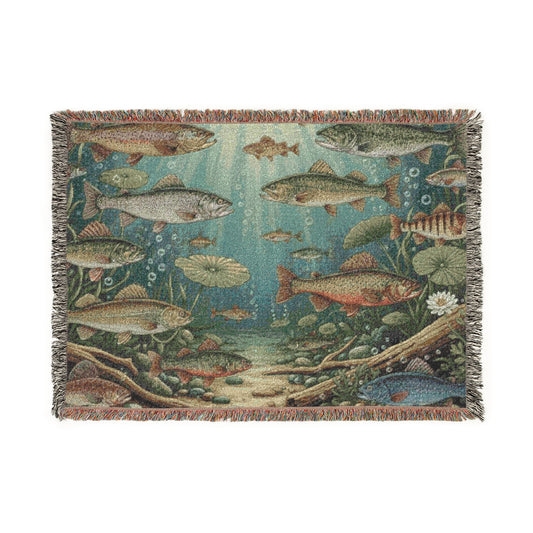 Cold Water Fish Tapestry Woven Blanket – Underwater Trout & Bass Aquatic Throw