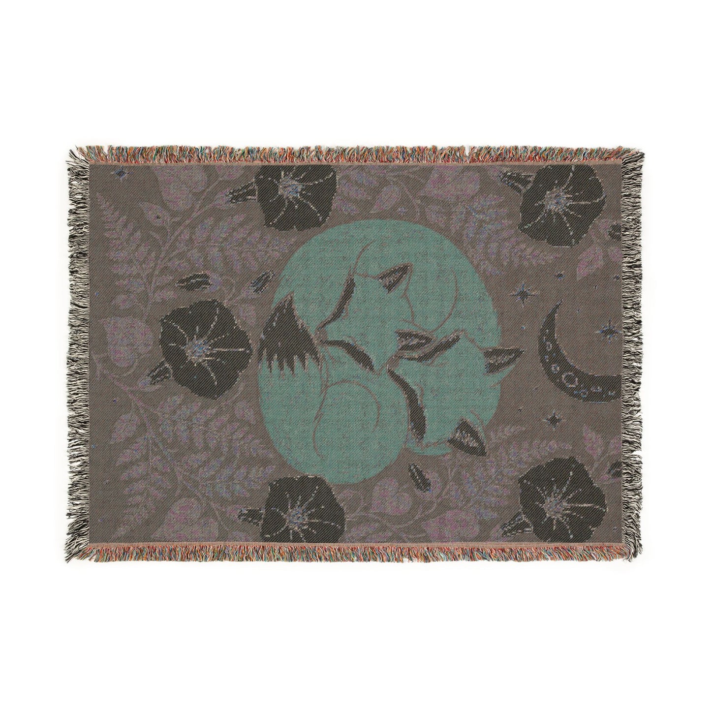 Fox Moon Woven Blanket — Cozy Floral Celestial Throw