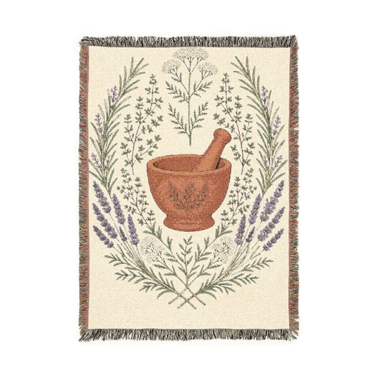 Herbalist Hand-Painted Mortar & Pestle Tapestry Throw