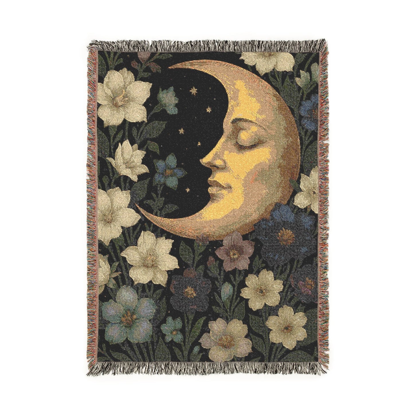 Moon & Blossoms Woven Blanket — Vintage Floral Celestial Throw