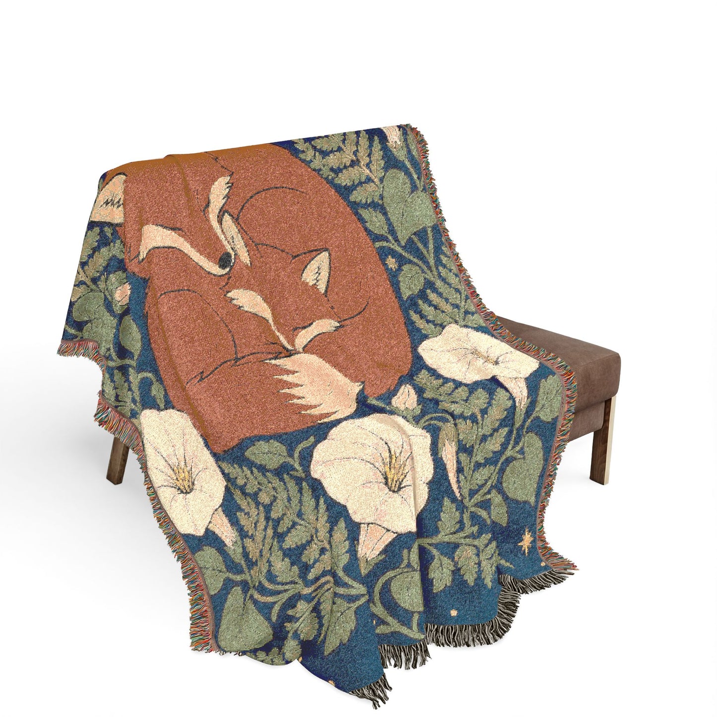 Fox Moon Woven Blanket — Cozy Floral Celestial Throw
