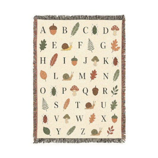 Autumn Alphabet Woven Blanket – Fall Leaves & Acorn Throw for Kids & Nursery