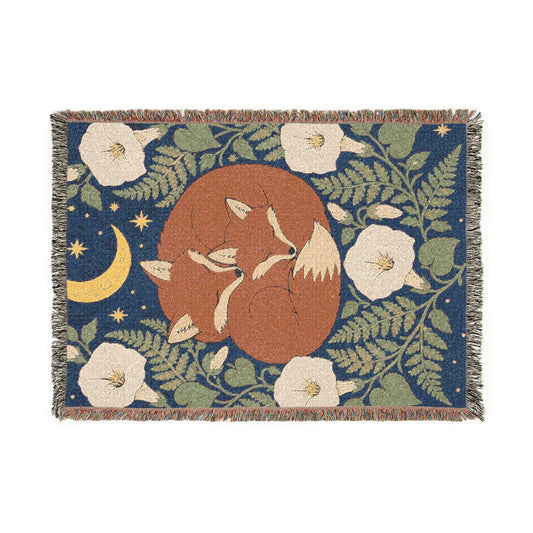 Fox Moon Woven Blanket — Cozy Floral Celestial Throw