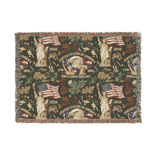 Patriotic Americana Woven Throw Blanket — Vintage Flag & Eagle Design