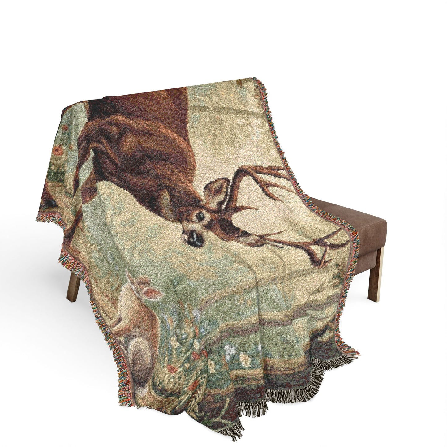 Deer & Hare Woven Throw Blanket — Woodland Tapestry Cabin Decor