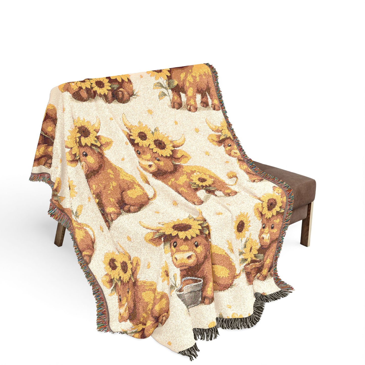 Highland cow and Sunflower Woven Blanket — Cozy Throw for Nursery & Living Room