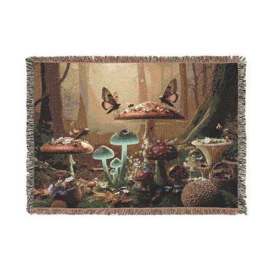 Mushroom Forest Woven Blanket — Magical Cottagecore Throw