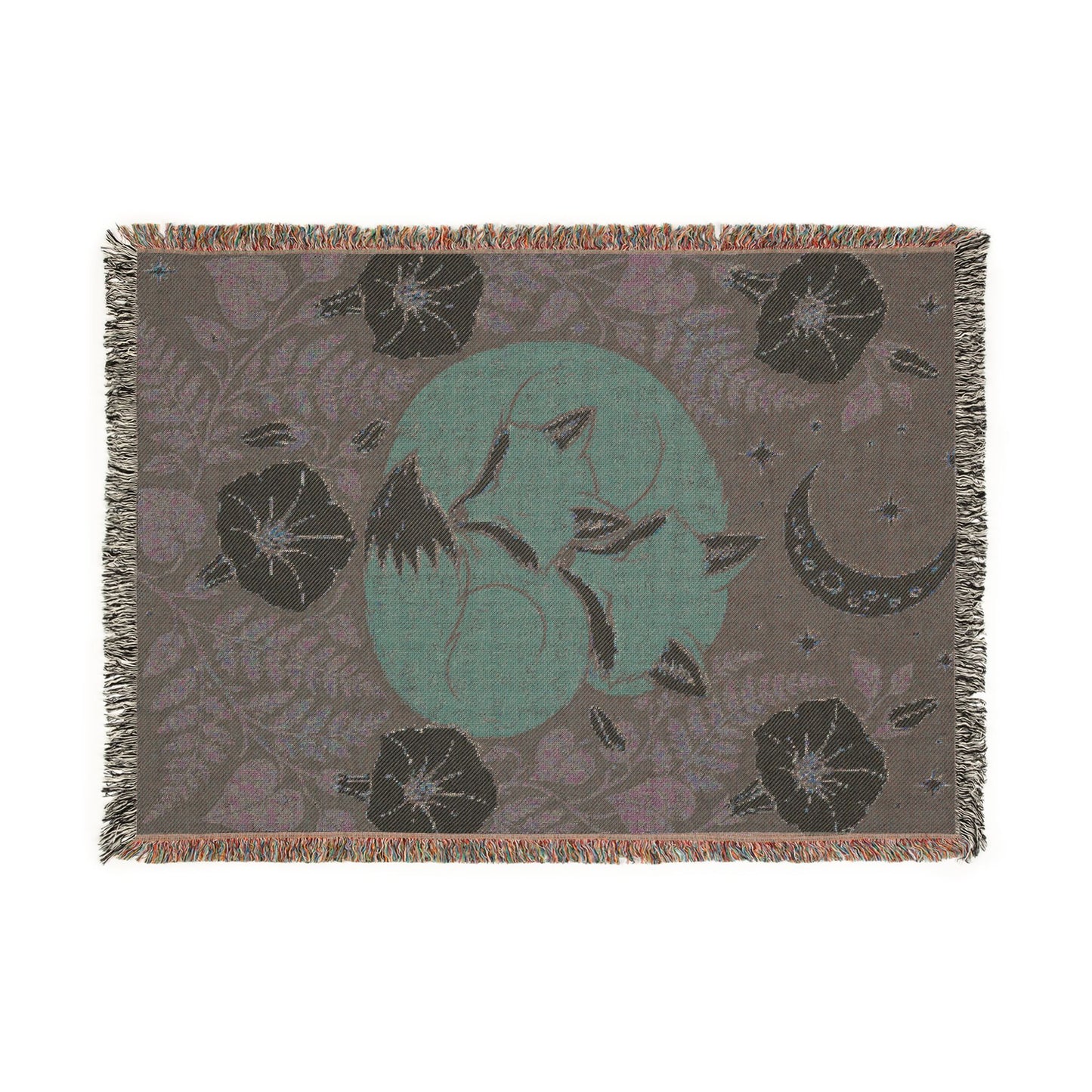 Moonlit  2 Sleeping Fox Woven Blanket — Celestial Floral Throw for Cozy Nights