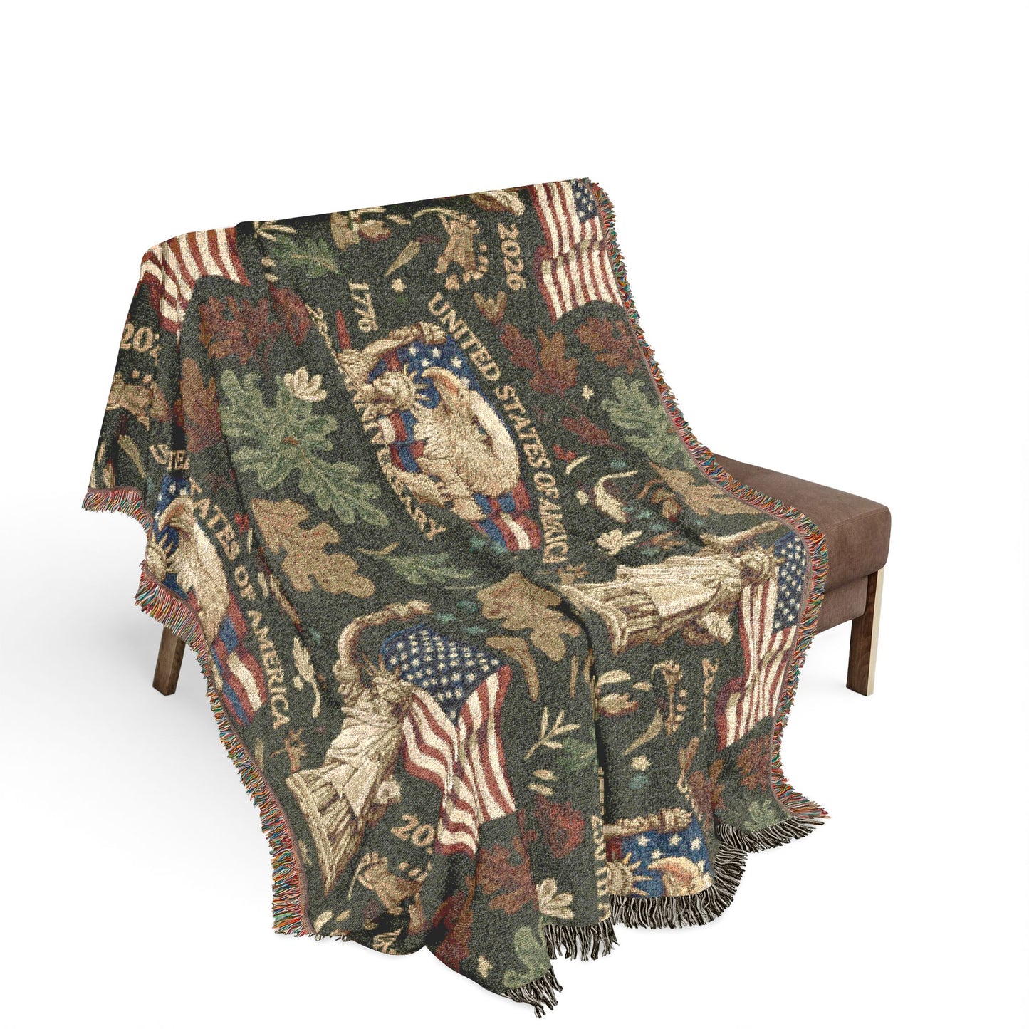 Patriotic Americana Woven Throw Blanket — Vintage Flag & Eagle Design