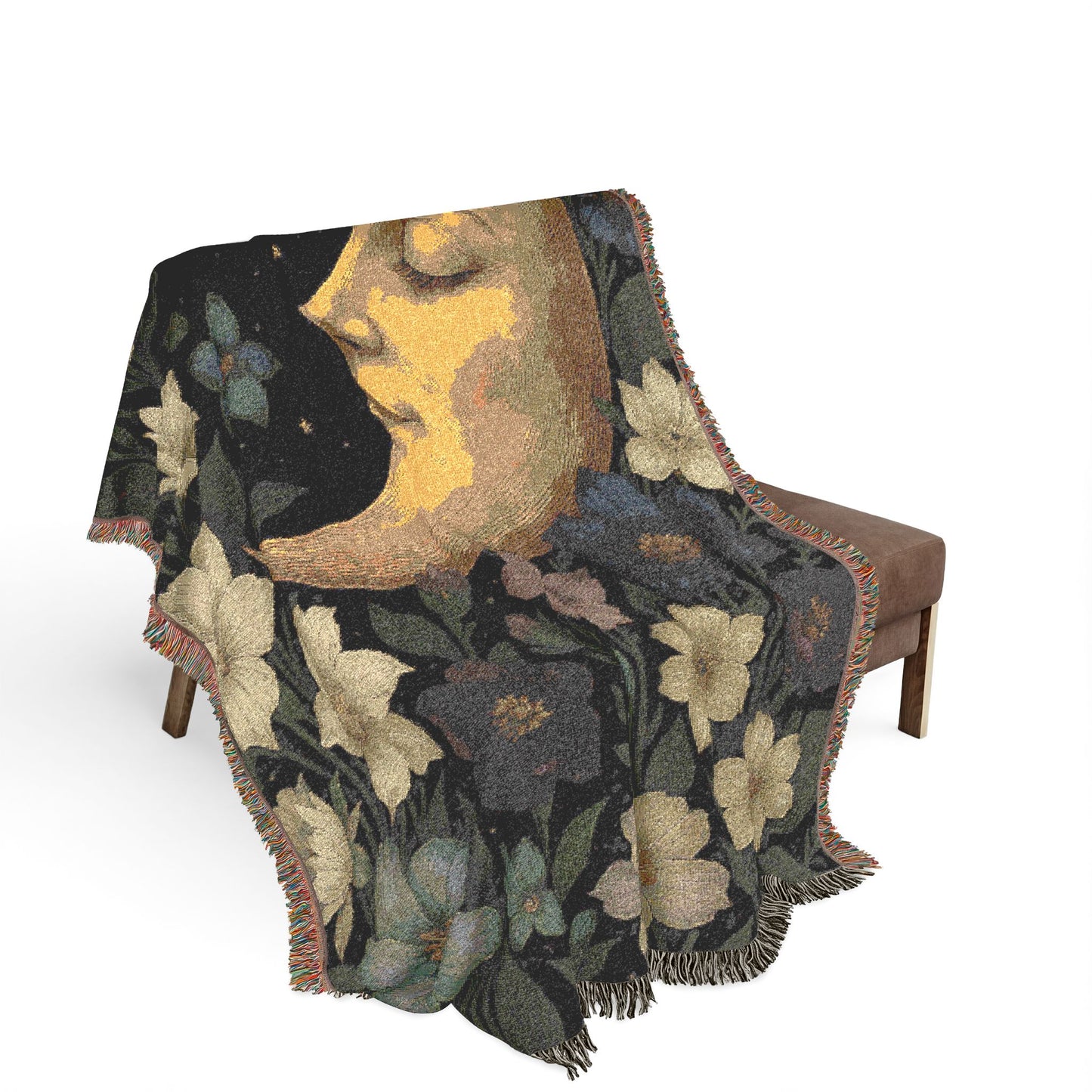 Moon & Blossoms Woven Blanket — Vintage Floral Celestial Throw