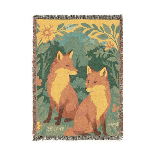 Fox Pair Woven Blanket — Cozy Woodland Tapestry Throw