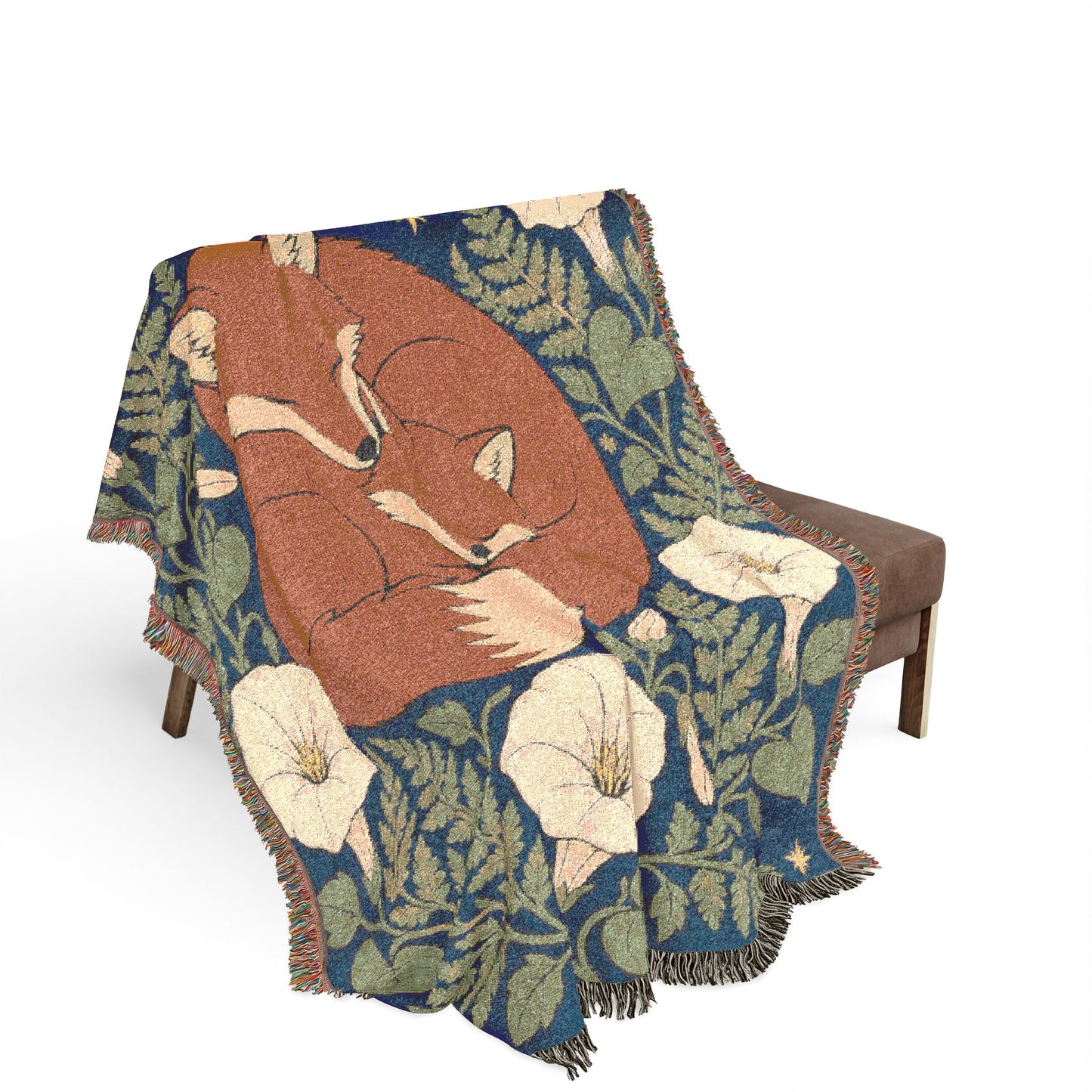 Moonlit  2 Sleeping Fox Woven Blanket — Celestial Floral Throw for Cozy Nights