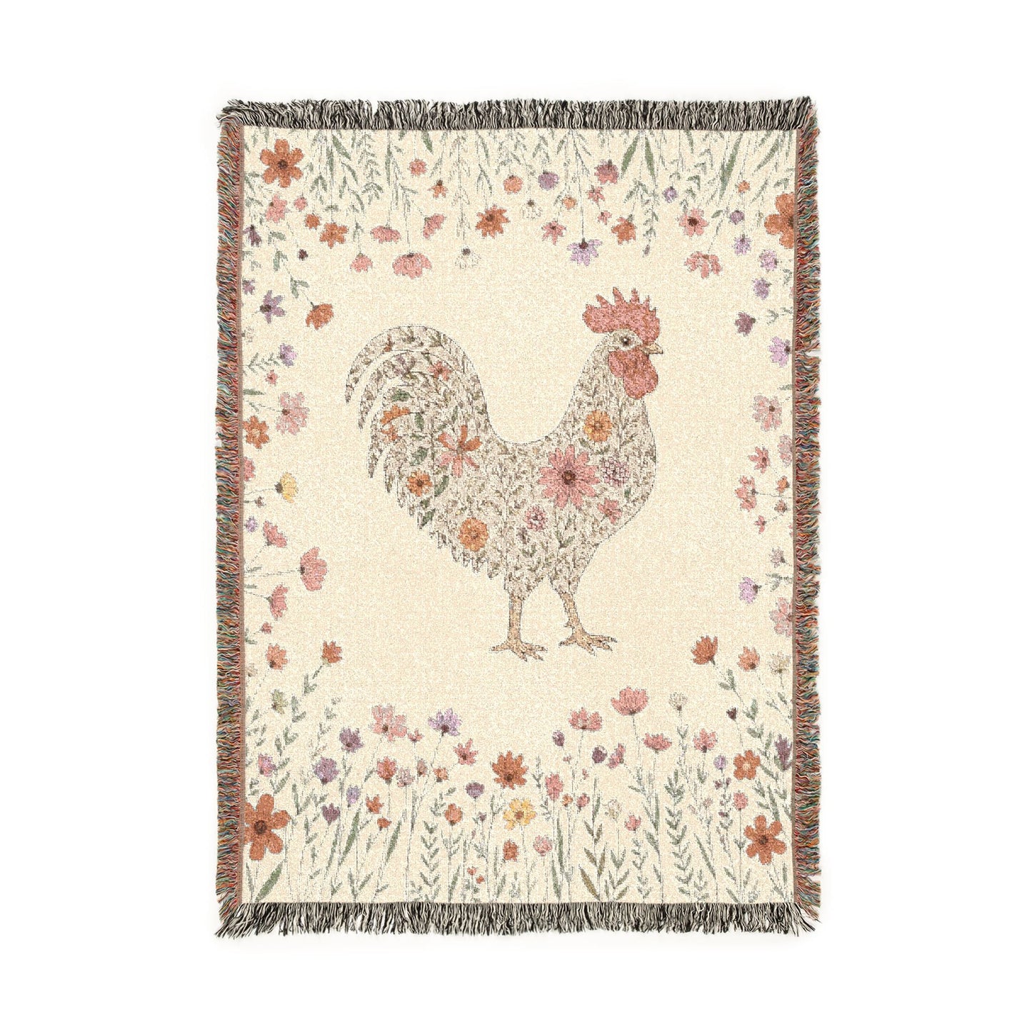 Floral Rooster Woven Throw Blanket — Farmhouse Floral Jacquard