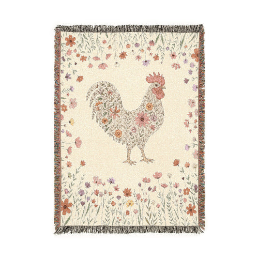 Floral Rooster Woven Throw Blanket — Farmhouse Floral Jacquard