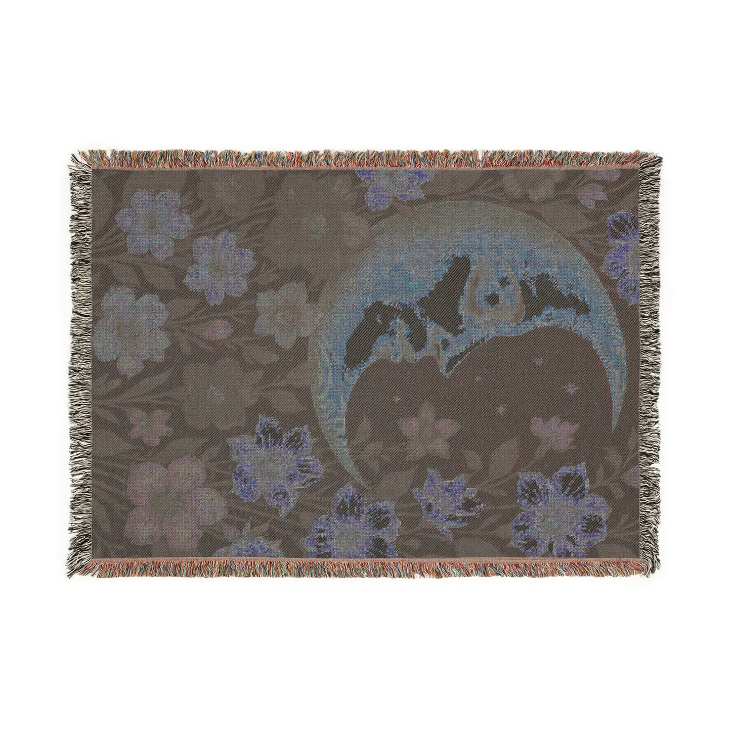 Moon & Blossoms Woven Blanket — Vintage Floral Celestial Throw