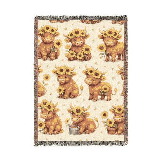 Highland cow and Sunflower Woven Blanket — Cozy Throw for Nursery & Living Room
