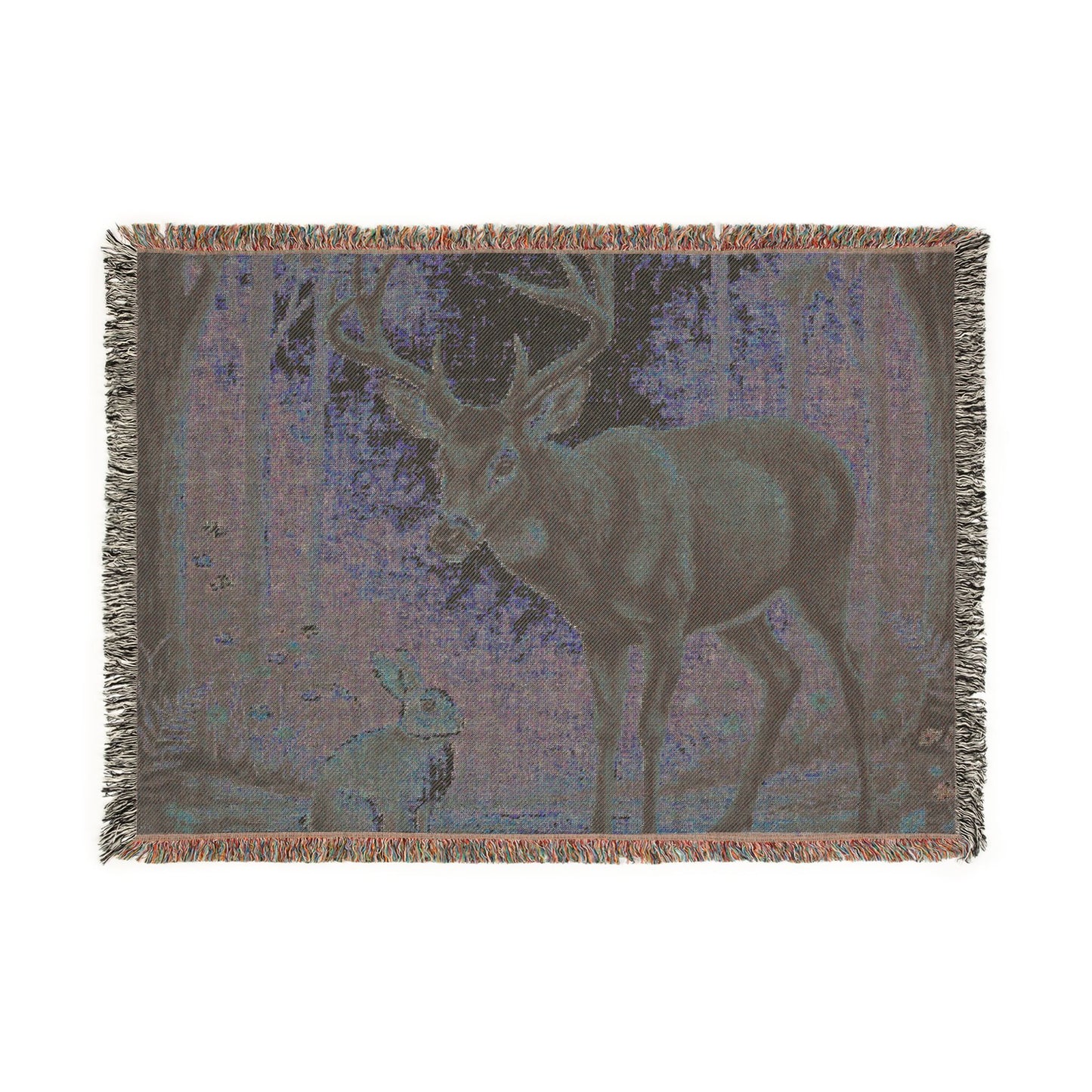 Deer & Hare Woven Throw Blanket — Woodland Tapestry Cabin Decor
